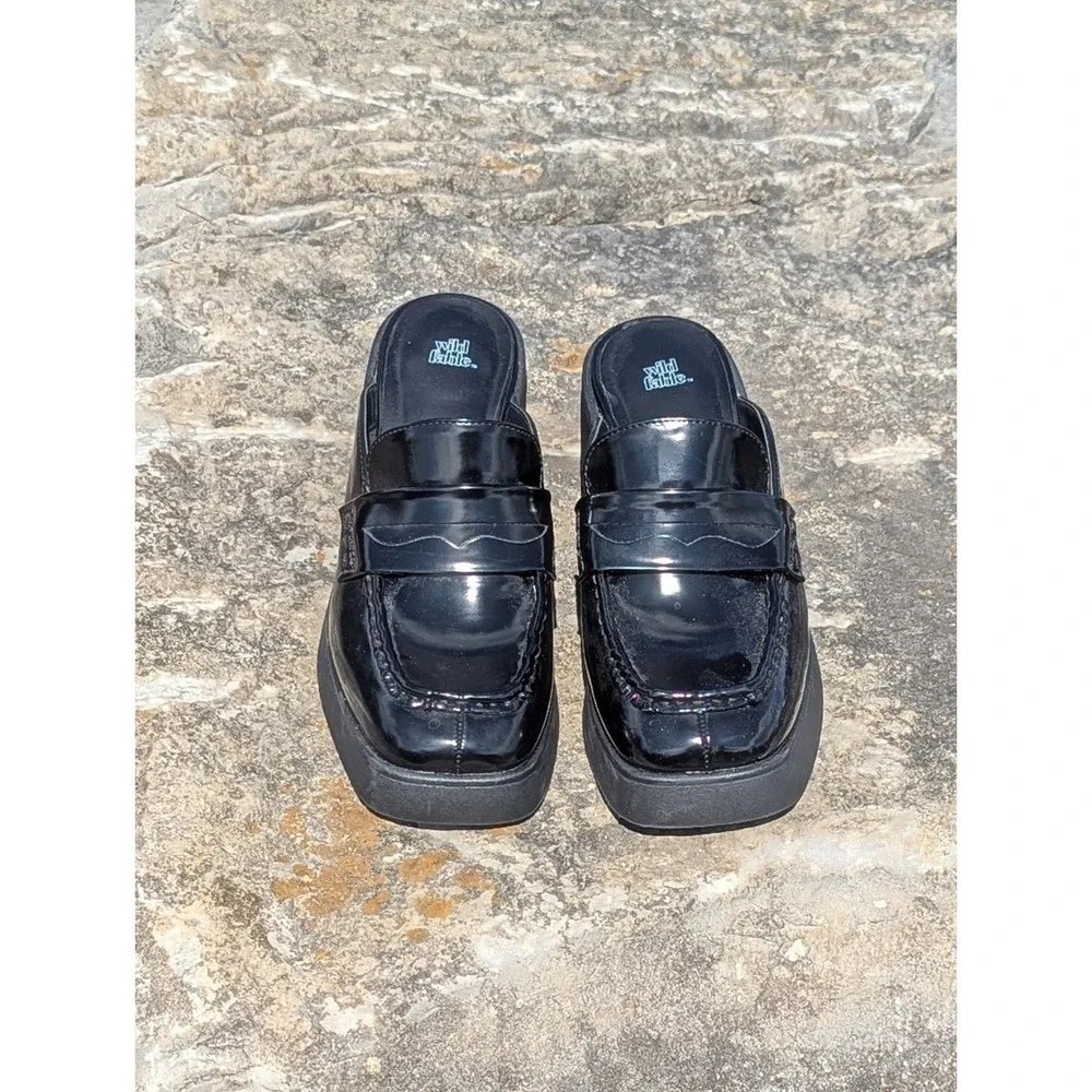 Y2K Goth Chunky Platform Loafer Mules Black Patent Wild Fable 8.5 Whimsigoth